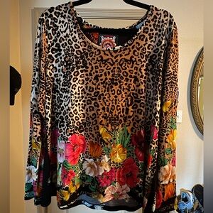 Johnny Was Brown Tan Cheetah Long Sleeve Blouse NWOT
